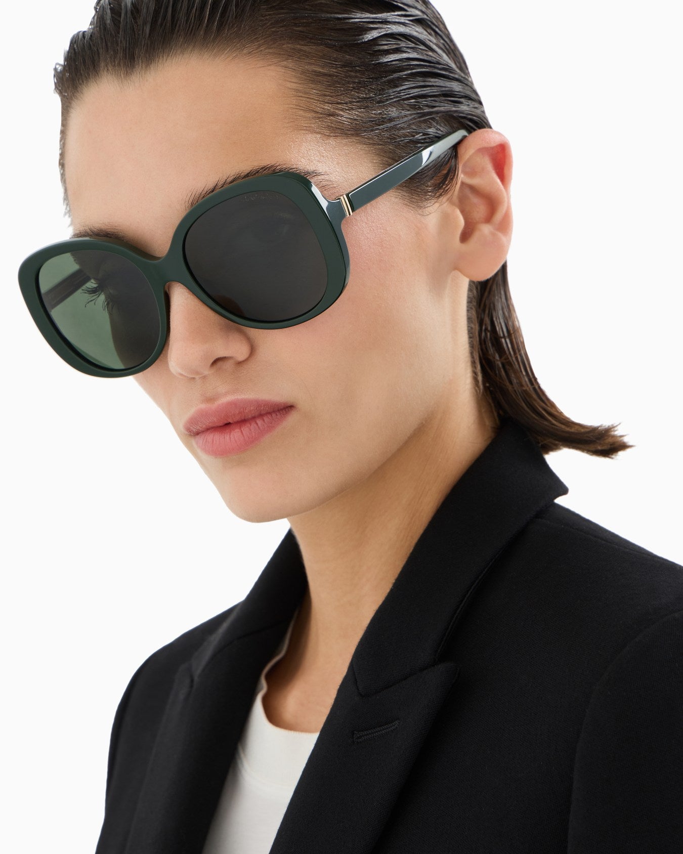 Woman wearing Giorgio Armani oversized round bio-acetate sunglasses