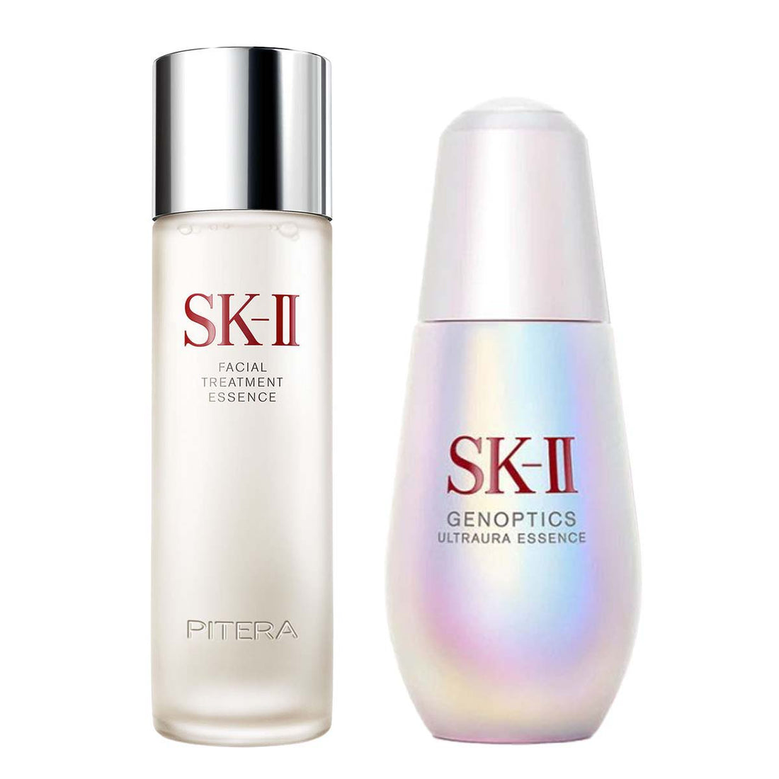 SK-II Facial Treatment Essence and Genoptics Infintaura Essence bottles, luxury skincare duo with Pitera
