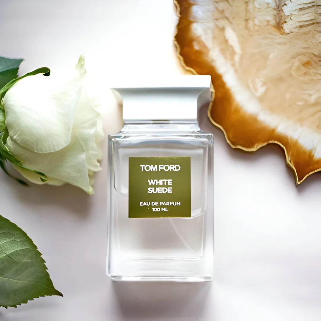Tom Ford White Suede perfume bottle lifestyle presentation - elegant luxury fragrance