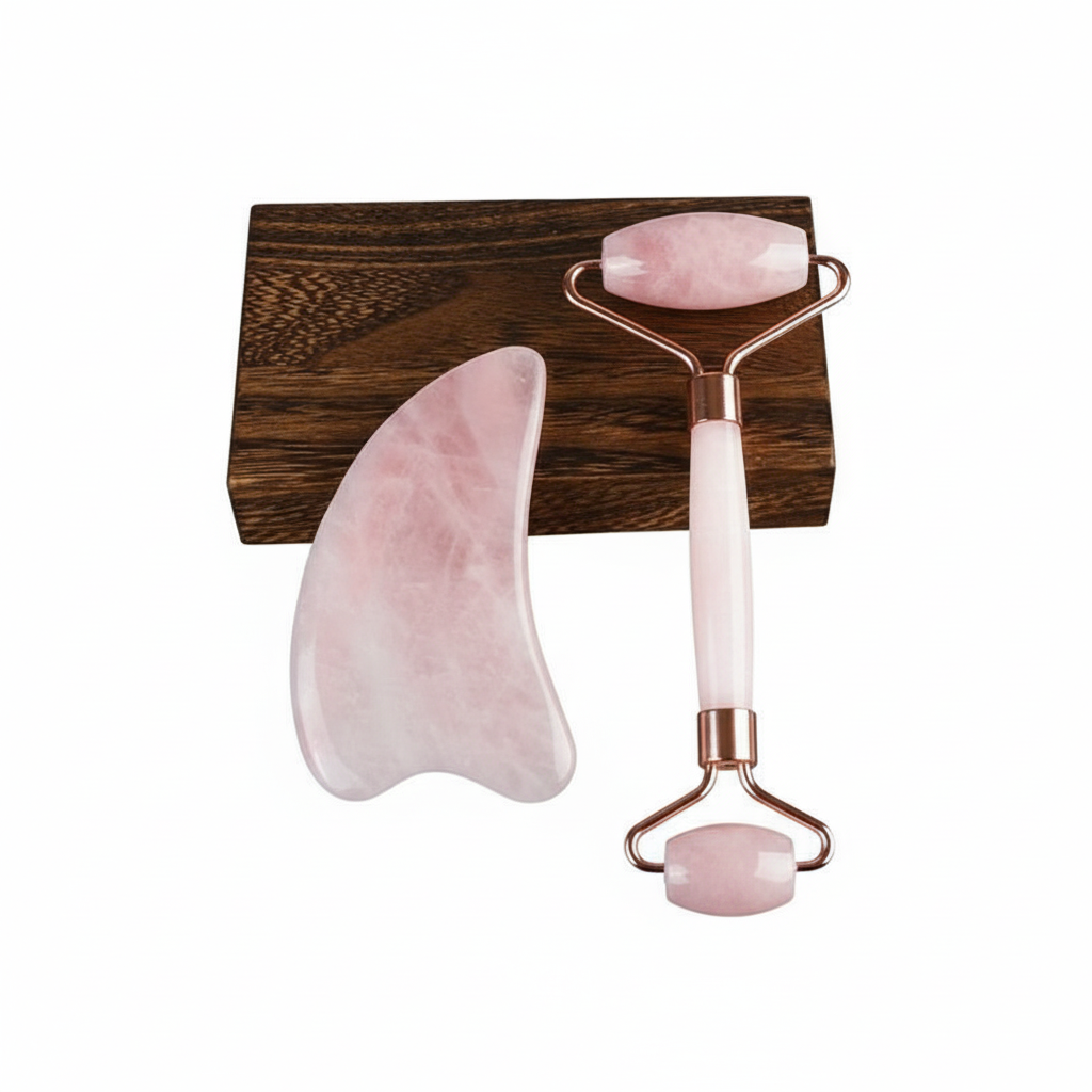 Rose Quartz Gua Sha Board and Facial Roller Set on wooden stand