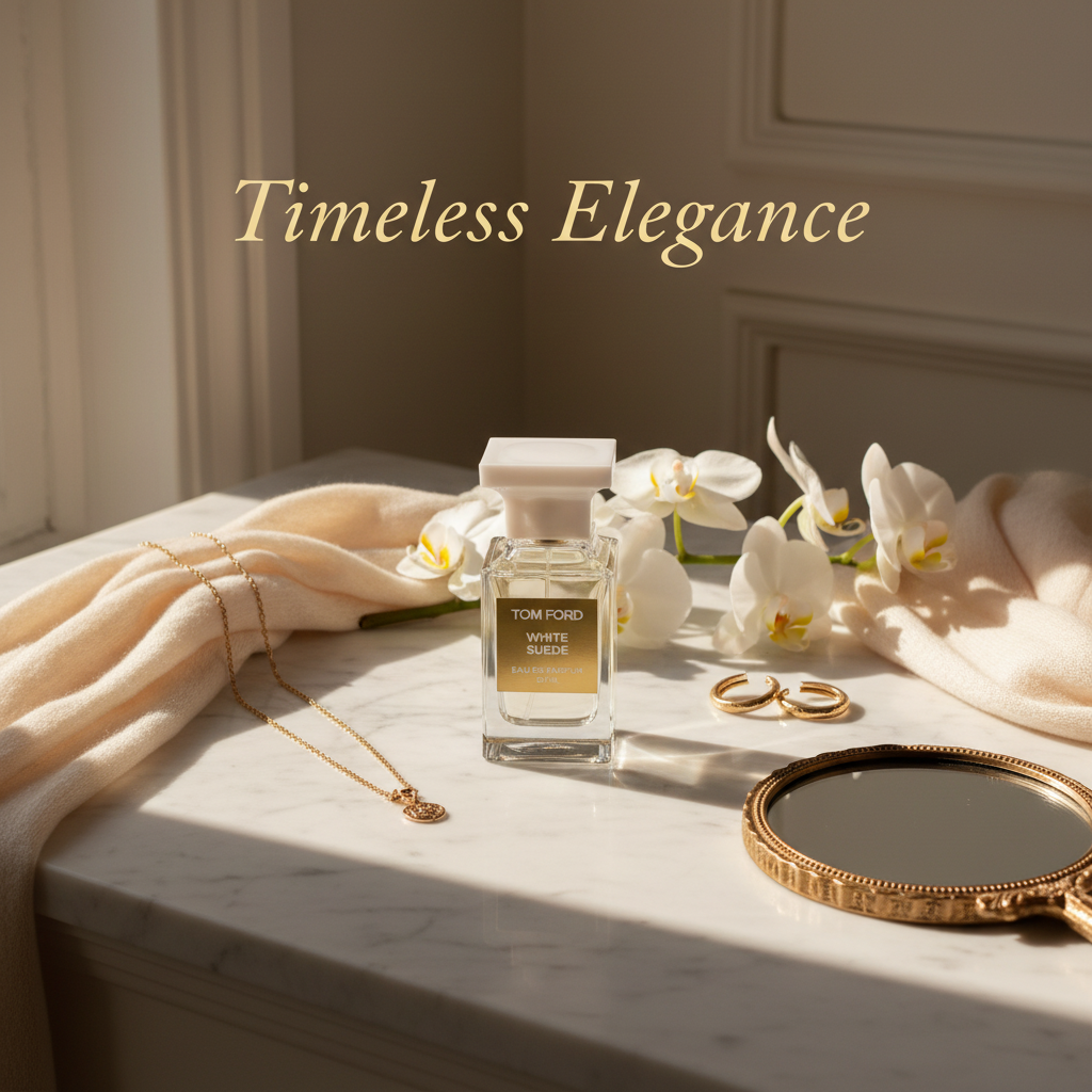 Tom Ford White Suede perfume bottle lifestyle presentation - elegant luxury fragrance