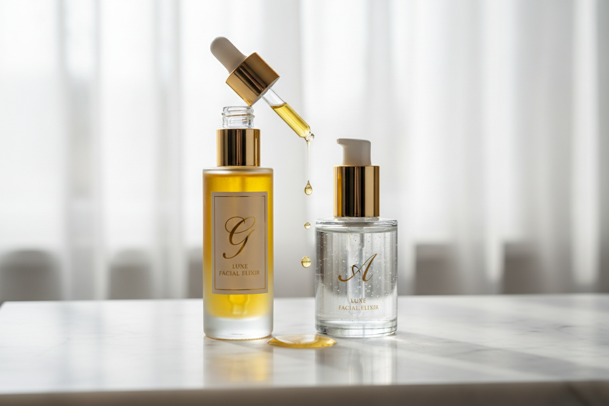 Luxury facial oils and serums comparison guide - skincare bottles and droppers on elegant background