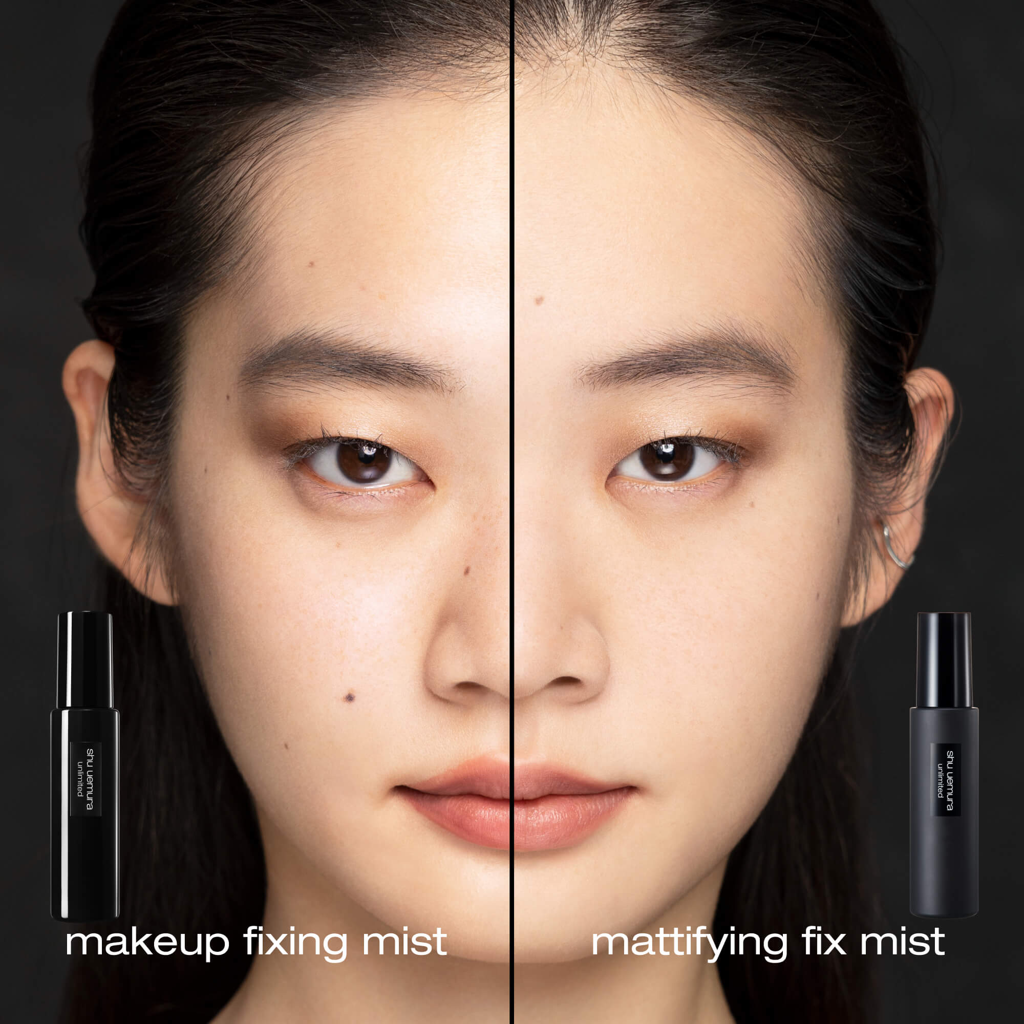 Comparison showing makeup with and without the setting spray after long wear