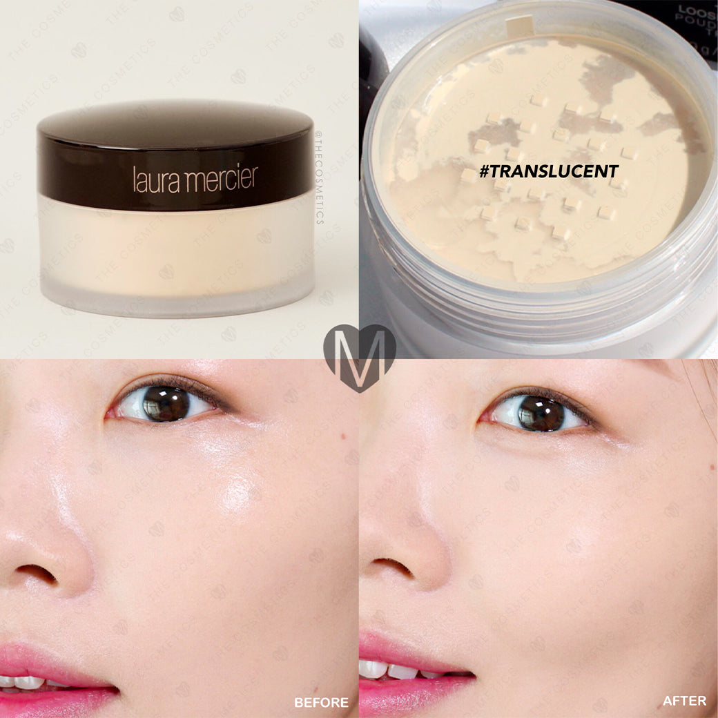 Makeup look with a matte, poreless finish using Laura Mercier powder 