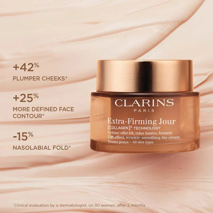 Rich cream texture of Clarins Extra-Firm Jour being smoothed onto skin