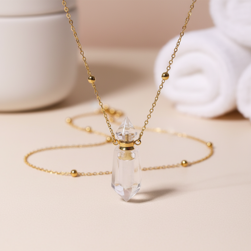 Natural White Crystal Perfume Bottle Necklace | Essential Oil Diffuser Pendant
