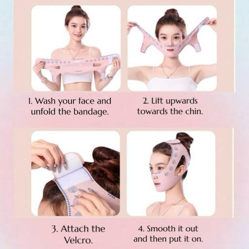 Step for using V-face shaping chin strap with butterfly pattern for facial contouring