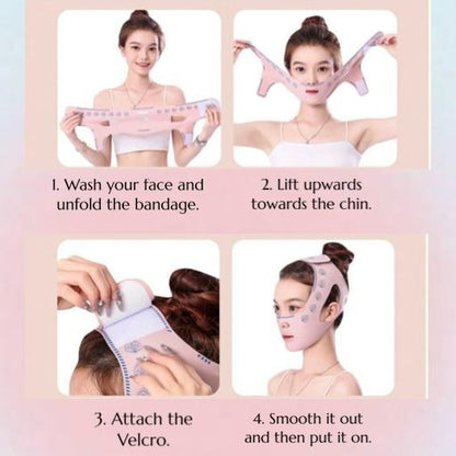 Step for using V-face shaping chin strap with butterfly pattern for facial contouring