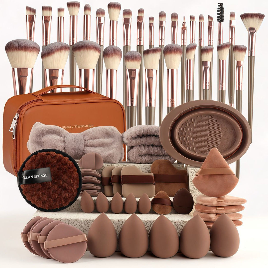 Complete 67-piece Professional Makeup Brush and Tool Set laid out