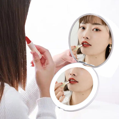 The mirror being used at a vanity table and packed in a suitcase for travel