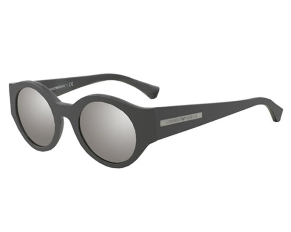 Emporio Armani EA4044 black round frame sunglasses with silver mirrored lenses and logo detail on temple