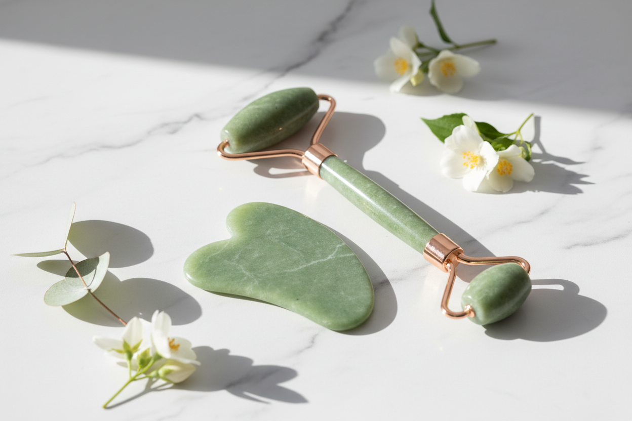 Jade Facial Roller &amp; Gua Sha Set 100% Natural Stone | Lifting, Firming &amp; Depuffing Beauty Tool