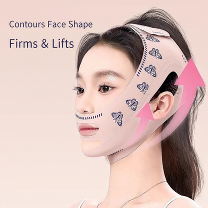 Woman wearing V-face shaping chin strap with butterfly pattern for facial contouring and jawline lifting