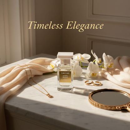 Tom Ford White Suede perfume bottle lifestyle presentation - elegant luxury fragrance

