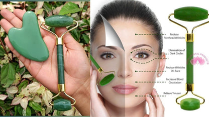 Hand using the jade roller under the eye and the gua sha along the jawline