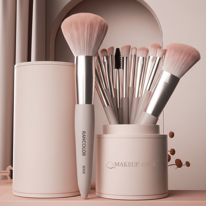 RANCOLOR 12-Piece Makeup Brush Set with Bucket Storage | Professional Rose Gold Collection