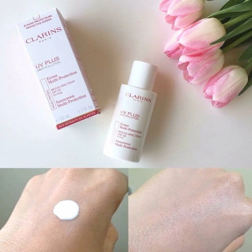 Clarins UV Plus Anti-Pollution sunscreen texture and application - lightweight rosy tint formula